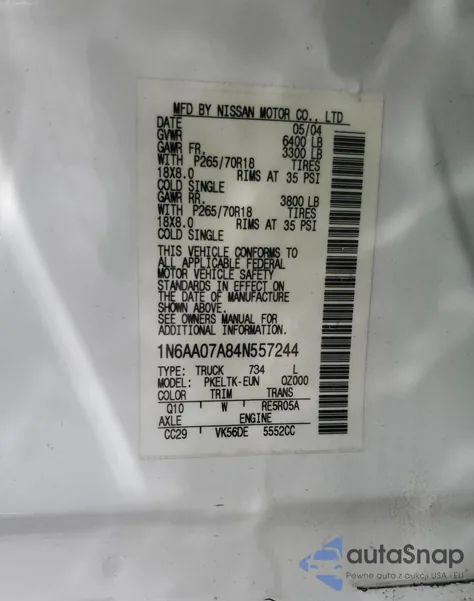 2004 Nissan Titan Xe z USA, uszkodzony, nr VIN 1N6AA07A84N557244